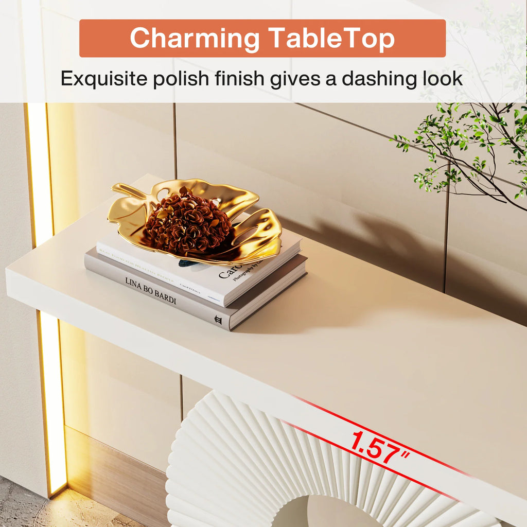 Close up of a white console table surface with decorative leaf bowl