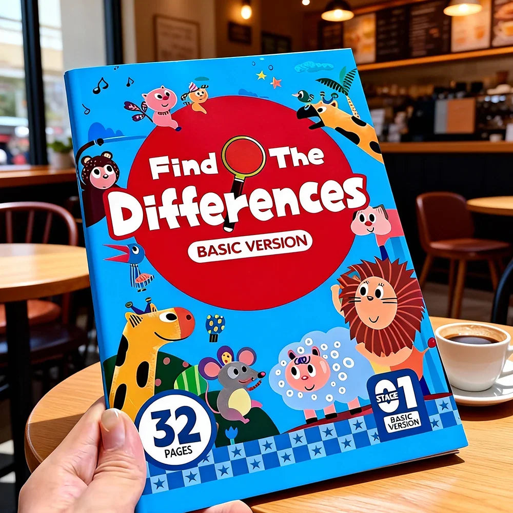 A children's 'find the differences' activity book with cute animal illustrations on a blue cover, being held by a hand in a
