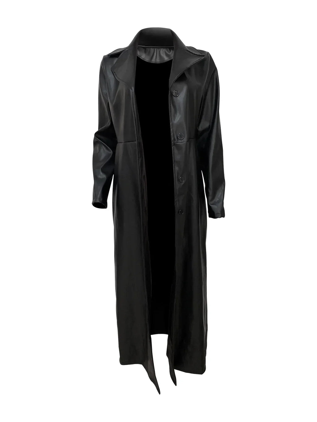 A black long-sleeved PU leather trench coat, front view.