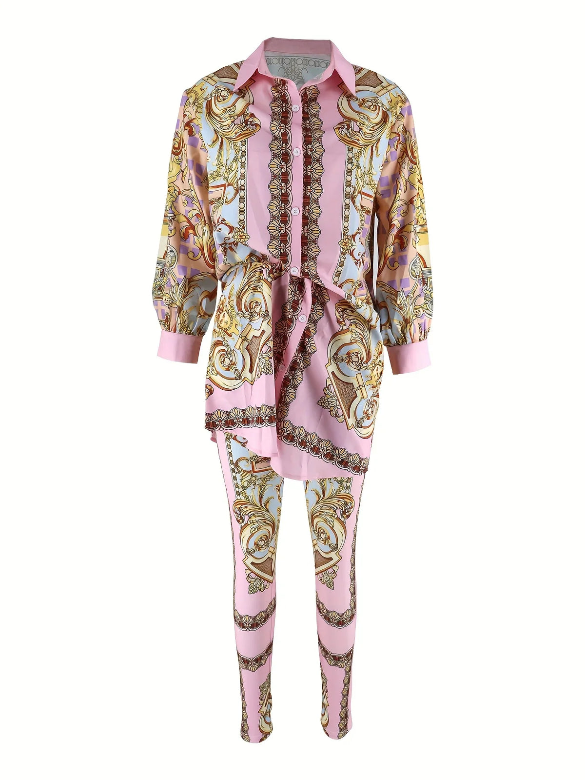 Front view of a women's two-piece set featuring a long sleeve button-up shirt and slim-fit pants with a gold and pink ornate