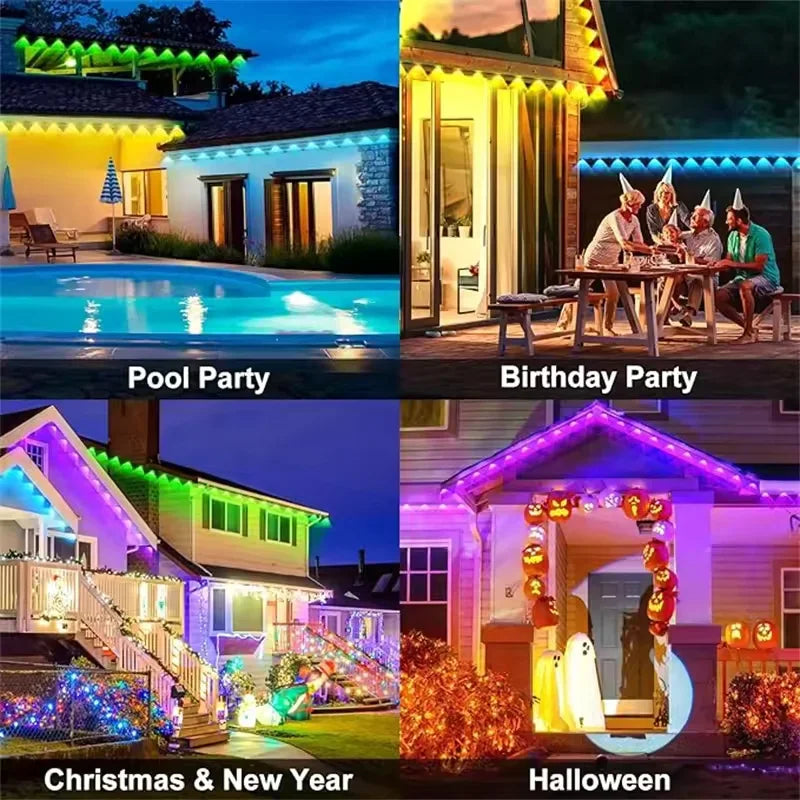 Smart outdoor RGBIC LED lights for house eaves used for pool parties, birthdays, Christmas, and Halloween