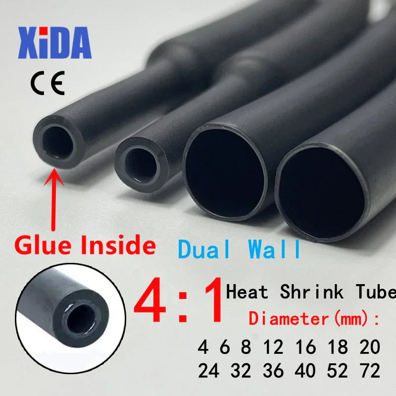 A set of black dual wall heat shrink tubes in various sizes with glue lining