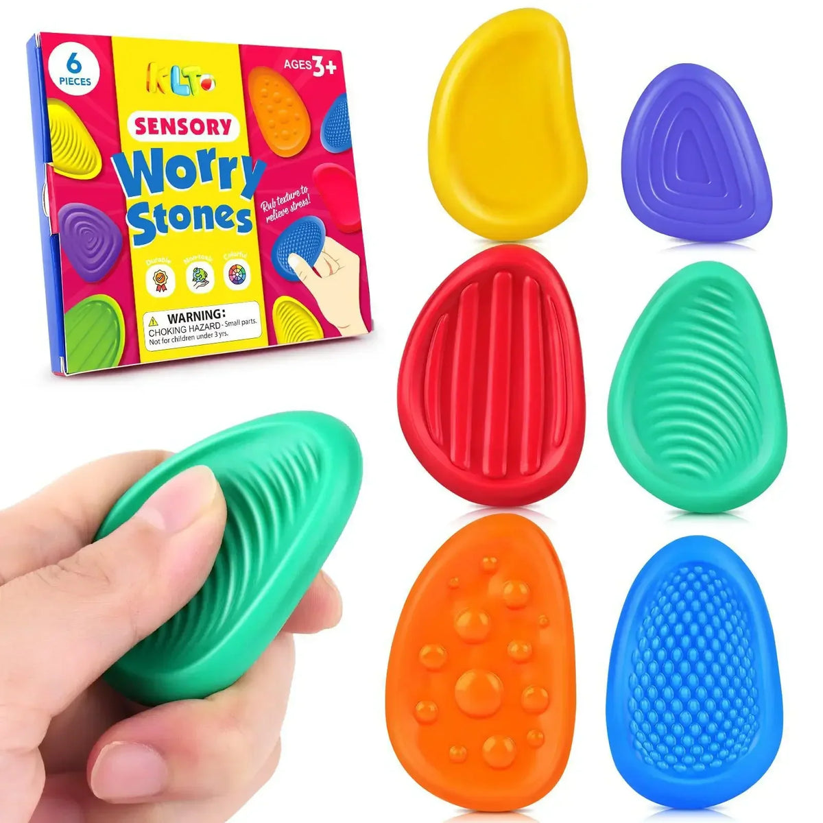 Set of 6 colorful textured silicone sensory stones with retail packaging