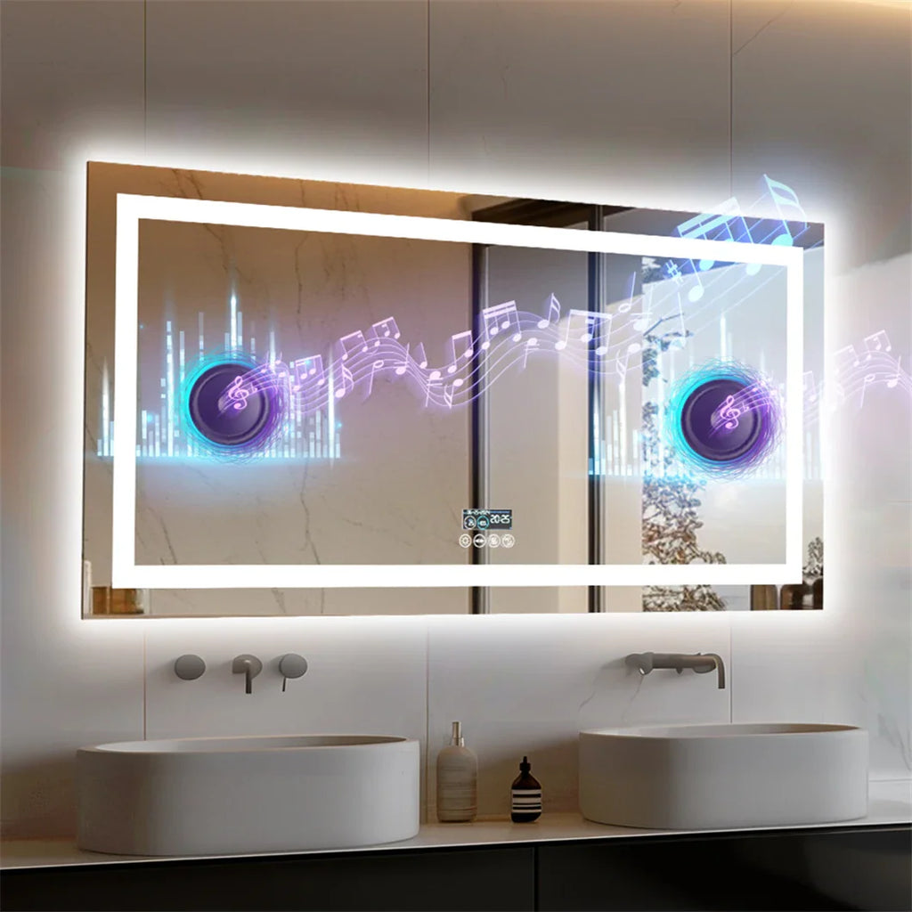 Smart LED rectangular bathroom vanity mirror with digital display, anti-fog feature and integrated audio speakers