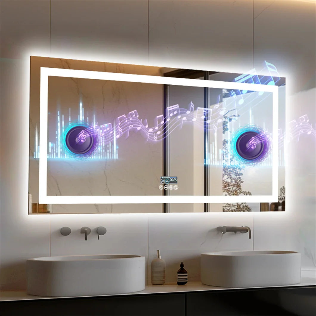 Smart LED rectangular bathroom vanity mirror with digital display, anti-fog feature and integrated audio speakers