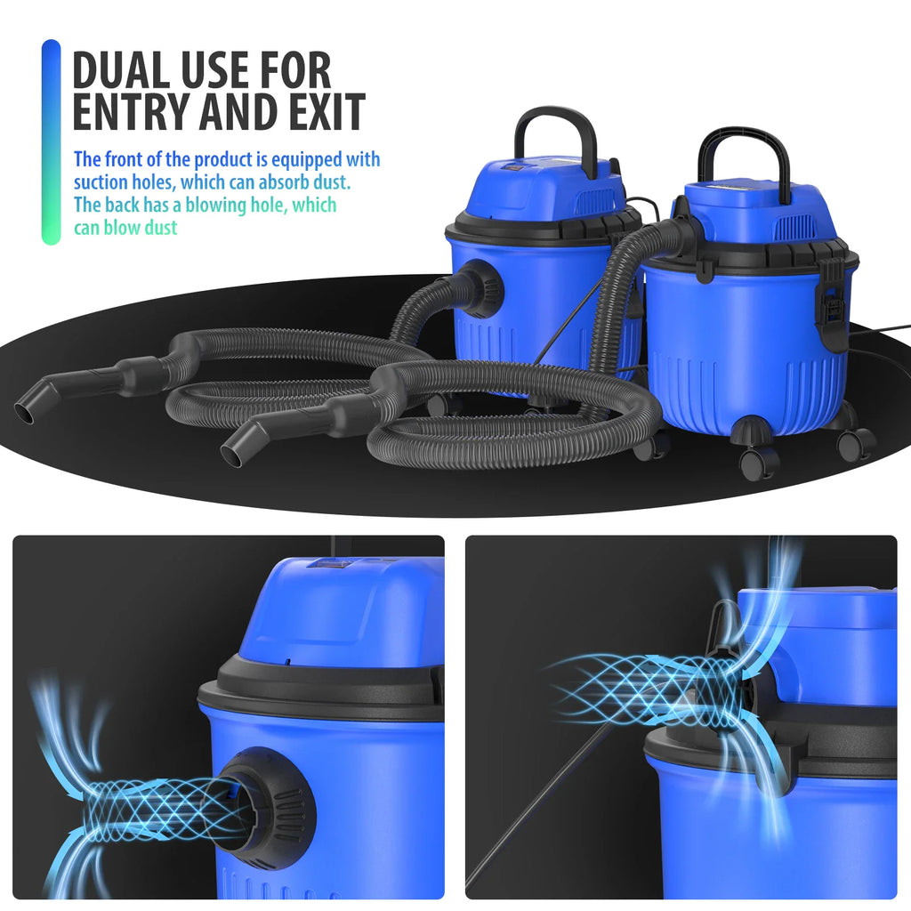 Blue wet and dry vacuum cleaner showing dual function suction and blowing capabilities