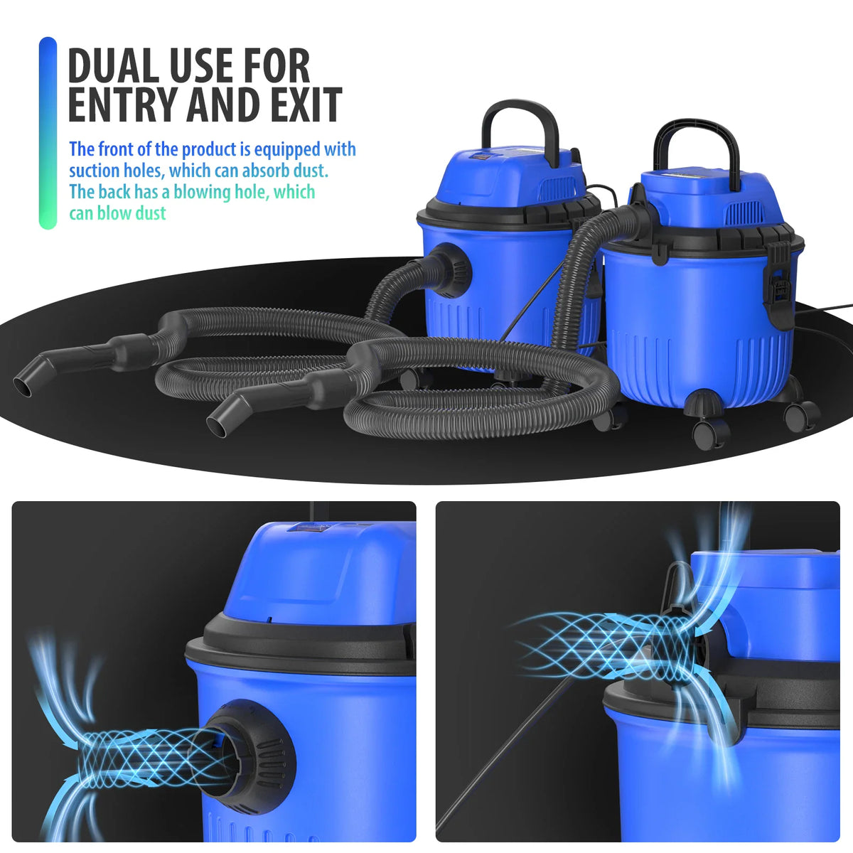 Blue wet and dry vacuum cleaner showing dual function suction and blowing capabilities