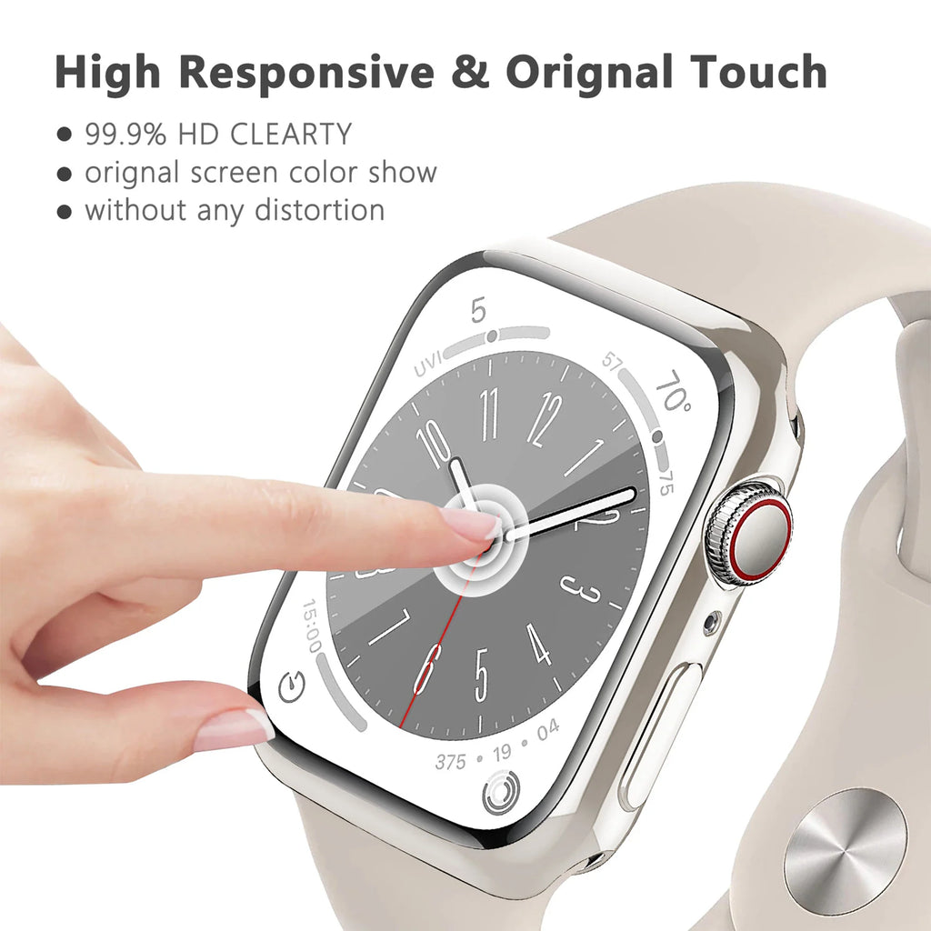 A smartwatch wearing a clear protective bumper case, showing high screen touch sensitivity.