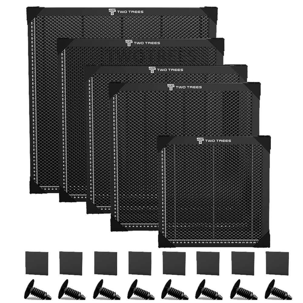 A set of different sized black honeycomb working beds for laser engravers with metal pins.