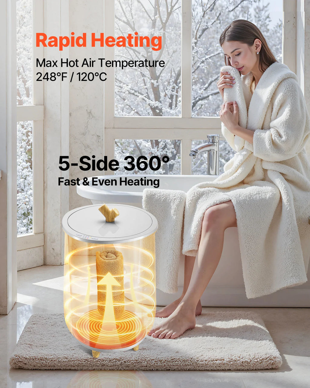 A woman in a bathrobe next to a towel warmer bucket with 360 degree heating illustration