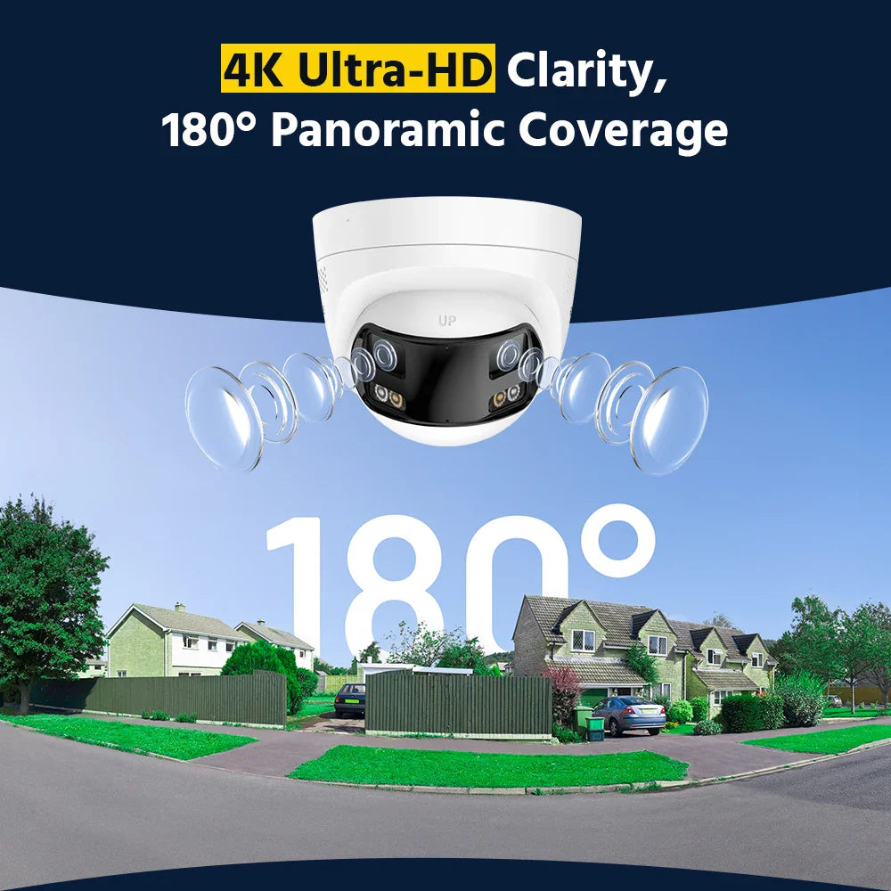 Wide-angle security dome camera mounted outdoors with 180-degree panoramic coverage of a suburban house