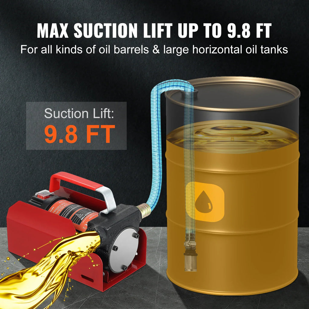 Electric fuel transfer pump showing 9.8 ft suction lift capacity