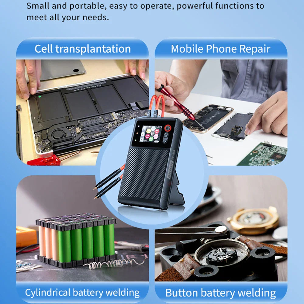 Four images showing various professional uses for a portable spot welding machine.