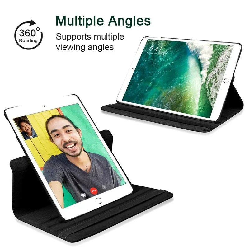 Black folio tablet case with multiple viewing angles, including video call demonstration.