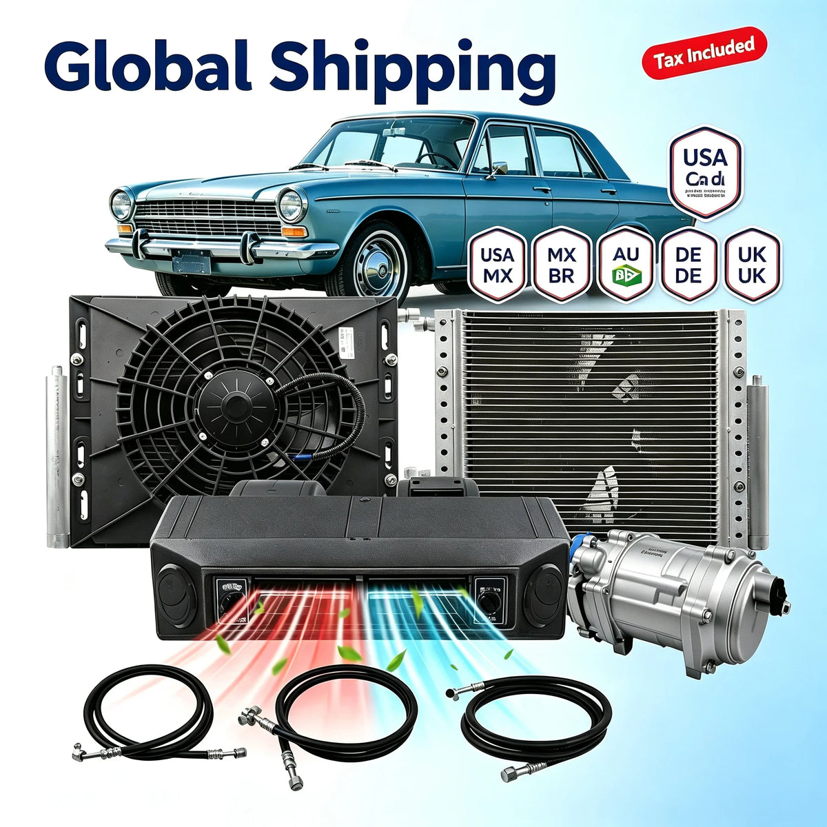 Universal electric automotive air conditioner system kit for cooling and heating