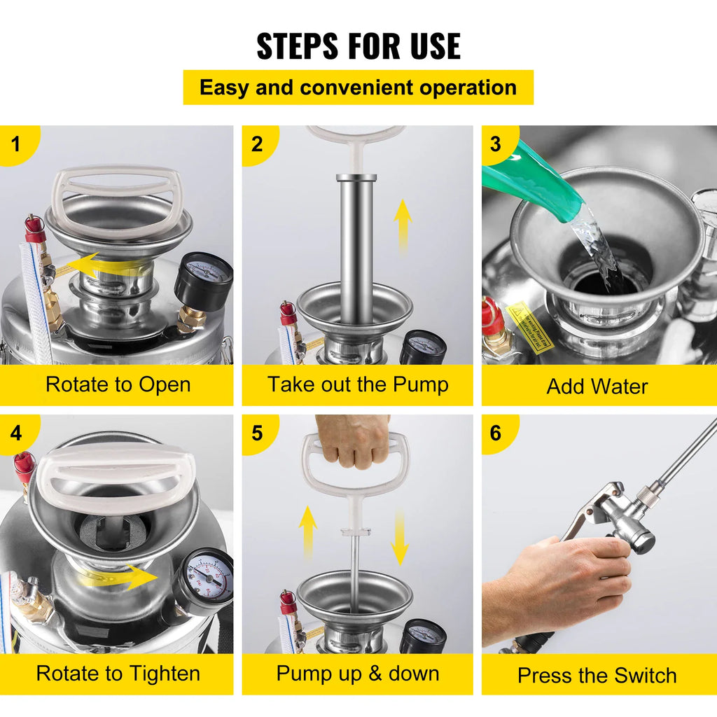 Six-step tutorial on how to use a hand-pumped stainless steel pressure sprayer