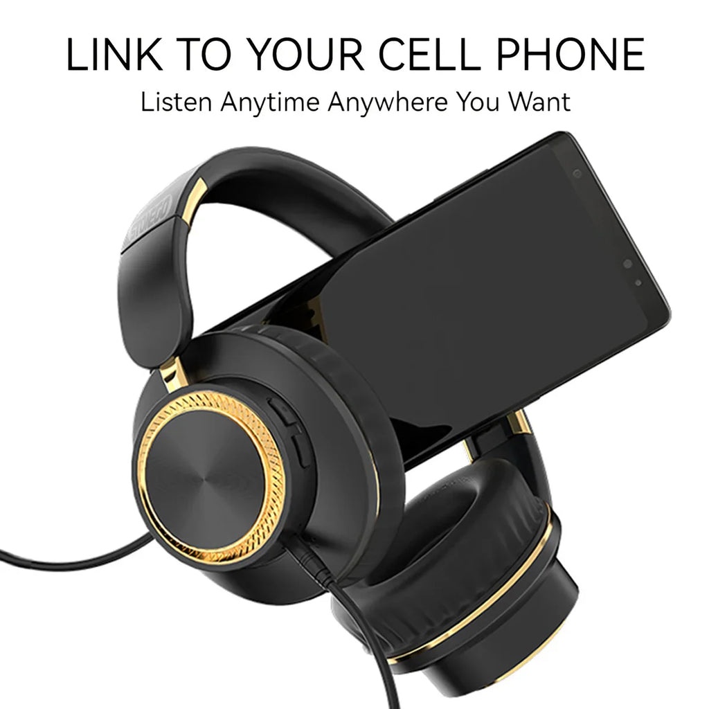 Black and gold over-ear wireless headphones connected to a smartphone.