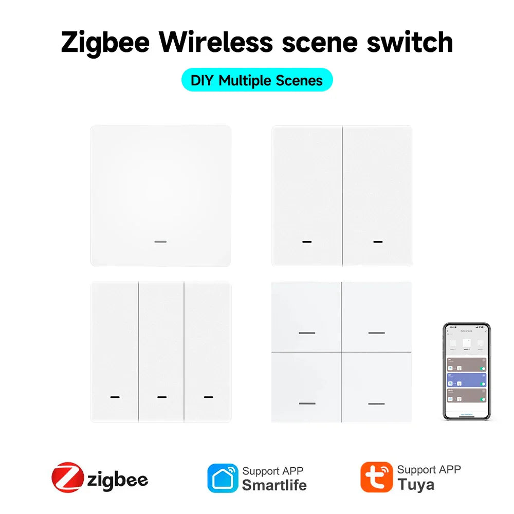 White Zigbee wireless smart scene switches with 1, 2, 3, and 4 buttons.
