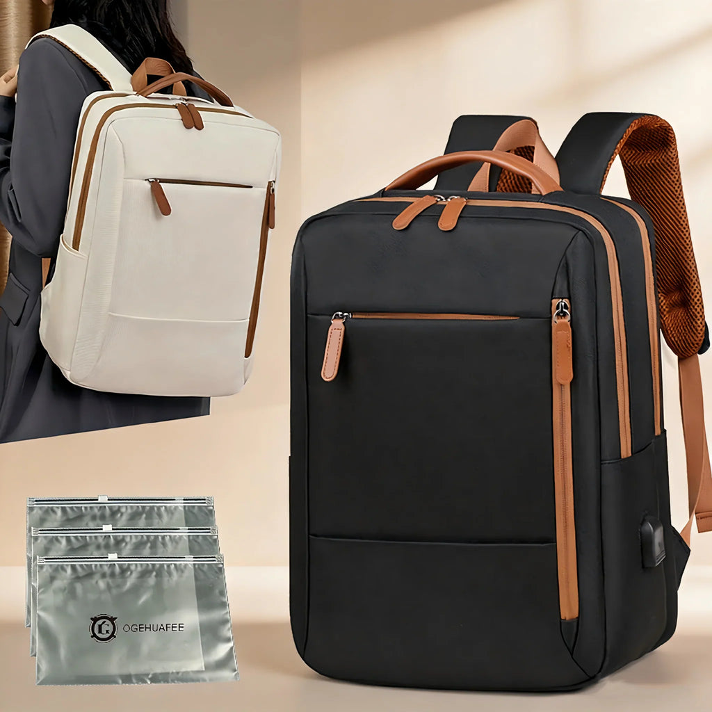 A laptop backpack in black and white with brown accents, displayed in a product collage.