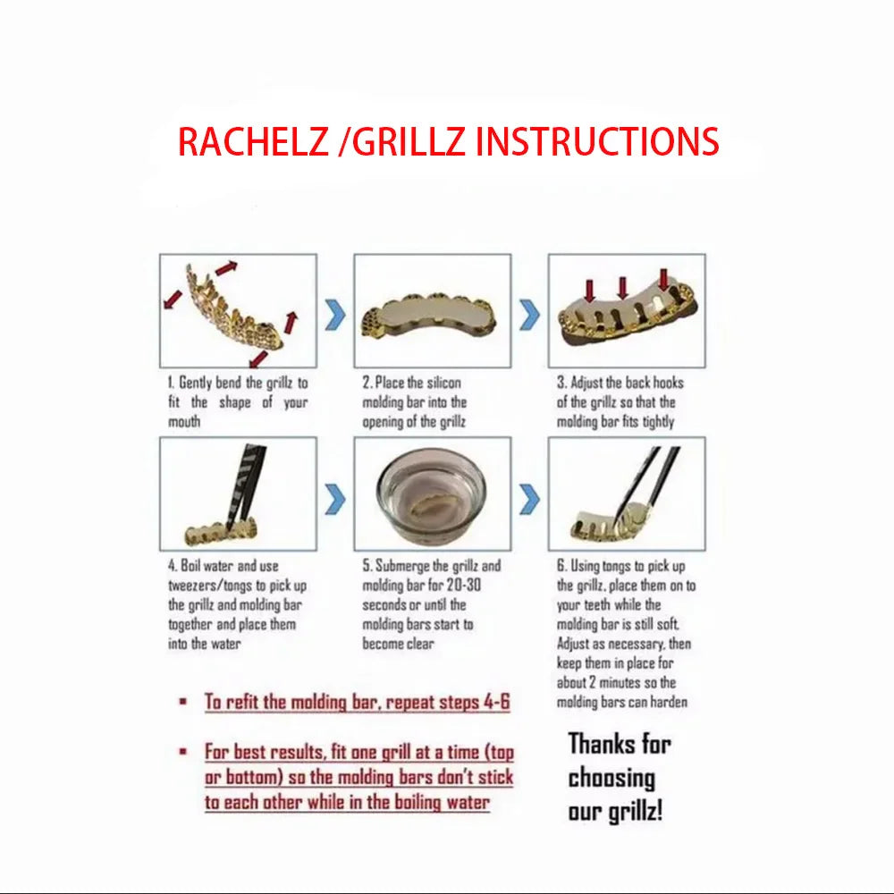 Instructions for fitting and molding metal tooth grillz