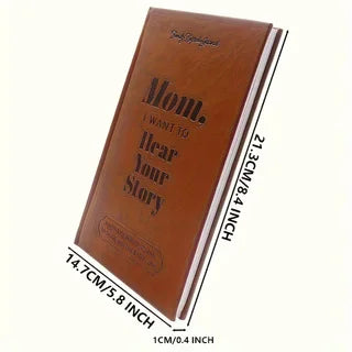 A brown leather mom guided keepsake journal with size dimension text.
