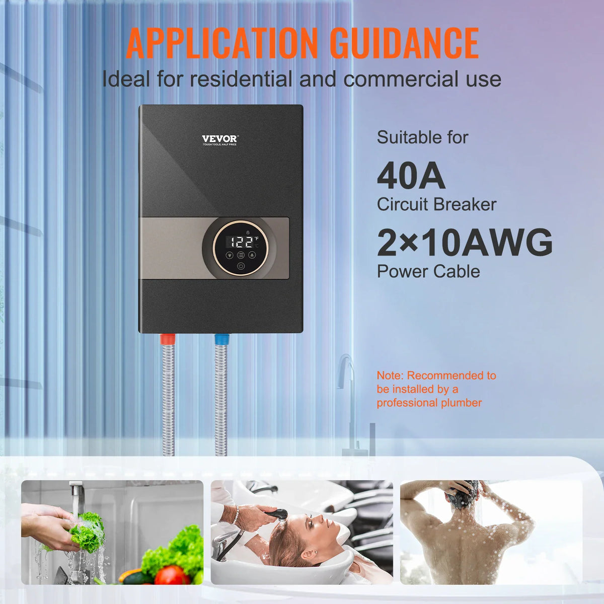 Electric tankless water heater with technical requirements and usage examples in kitchen and bathroom
