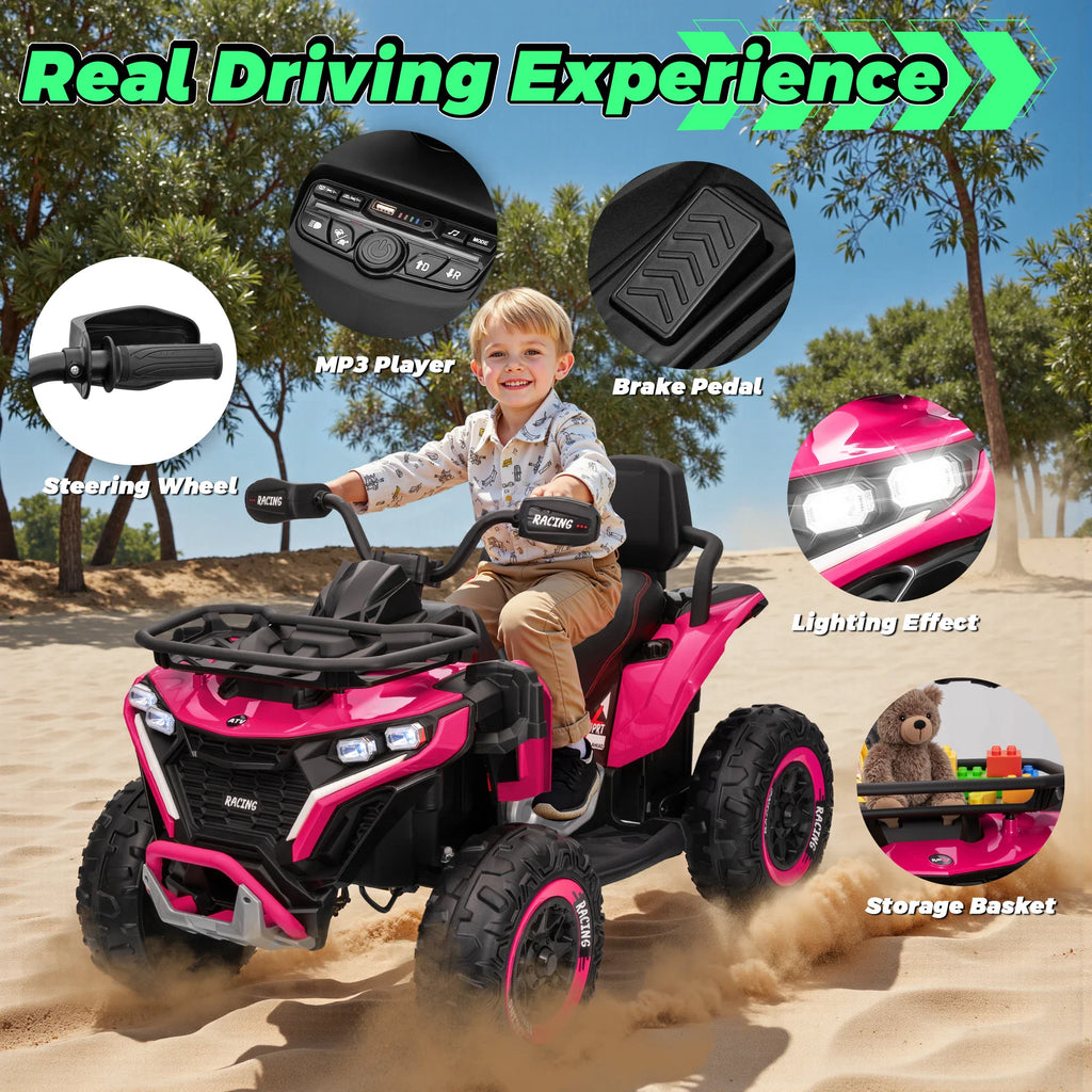 Pink ride-on ATV with child and circular inset callouts showing features like MP3 player, pedal, lights and basket