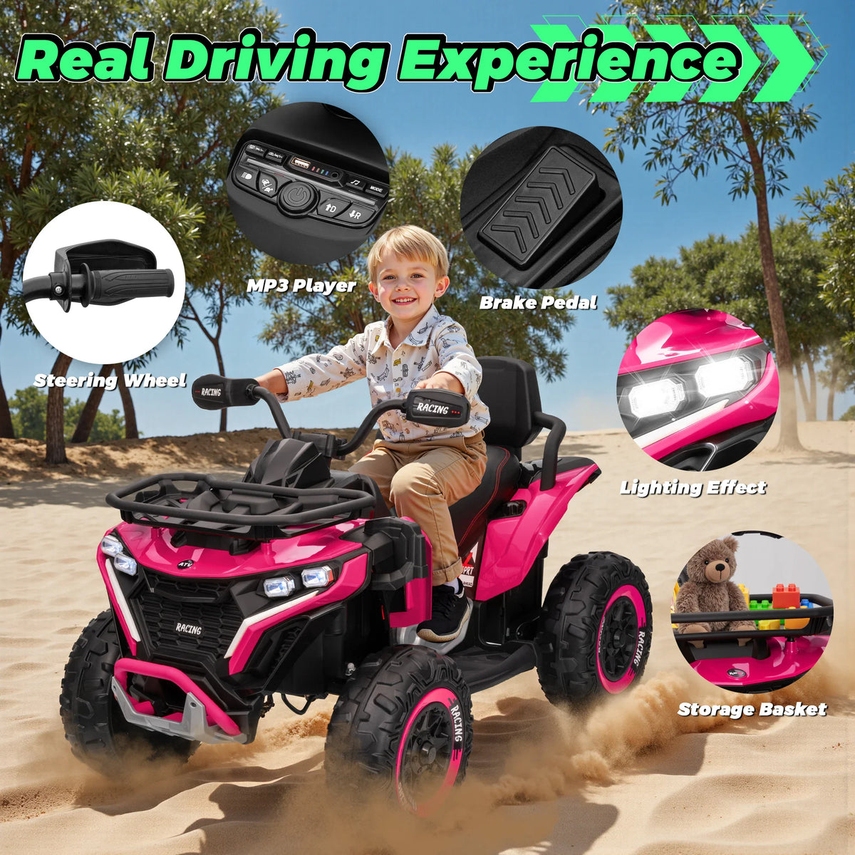 Pink ride-on ATV with child and circular inset callouts showing features like MP3 player, pedal, lights and basket