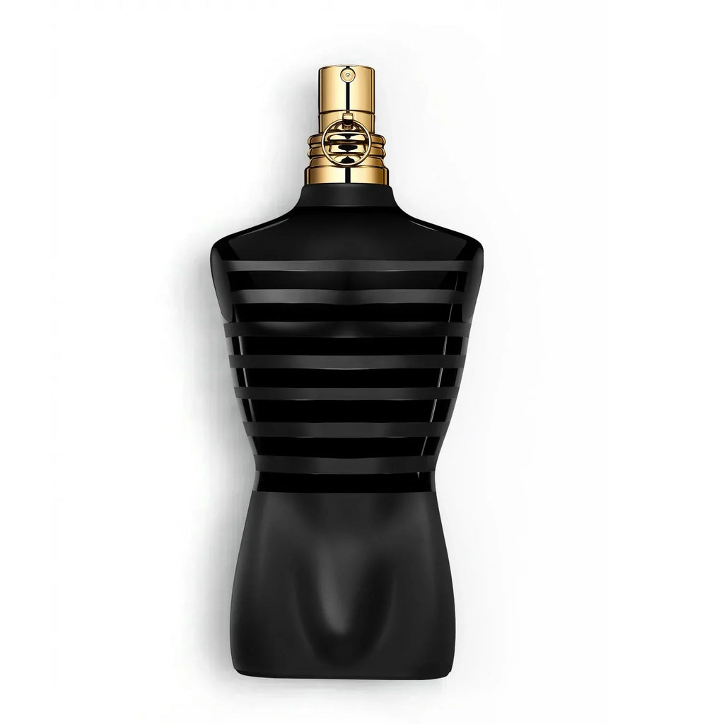 Men's perfume bottle shaped like a torso in matte black with horizontal stripes and gold cap