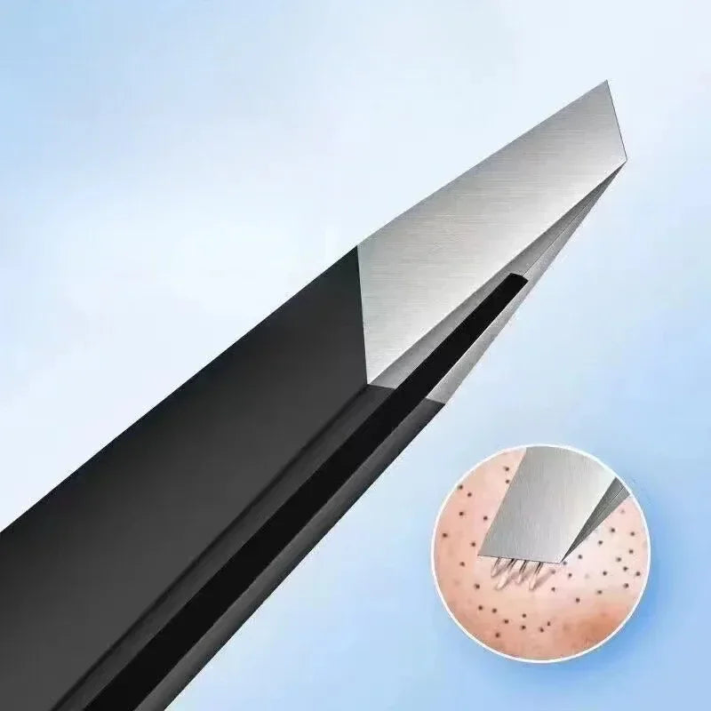 Stainless steel black tweezers with a close-up detail of the precision tip plucking an ingrown hair