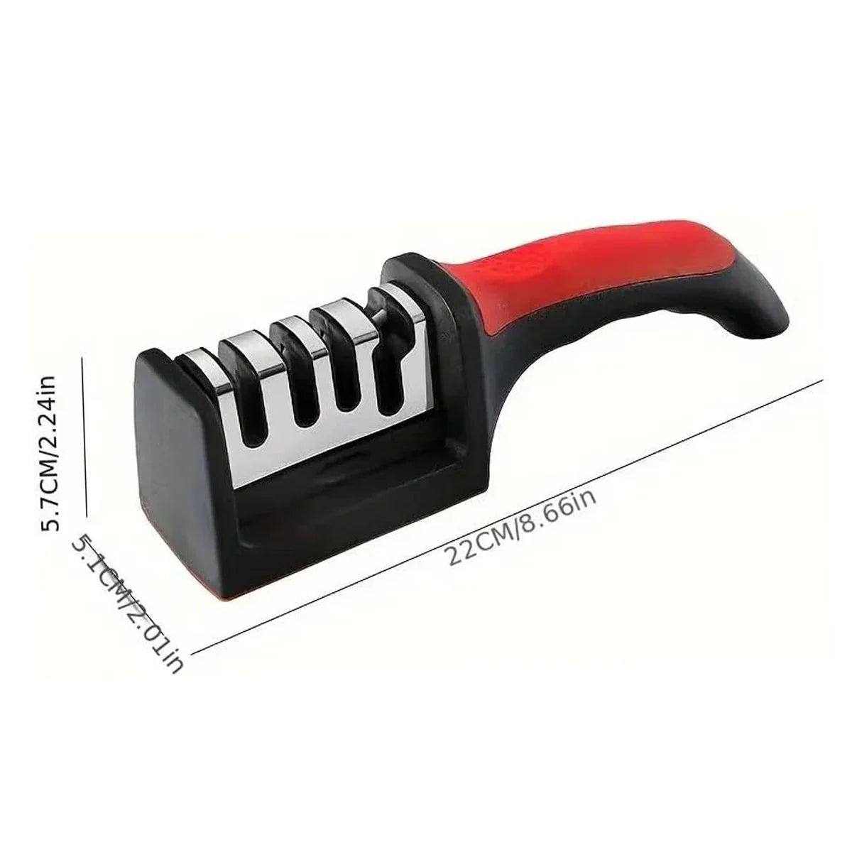 Dimensions of the black and red manual kitchen knife sharpener.