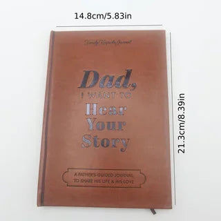A brown leather dad guided keepsake journal with size dimension text.
