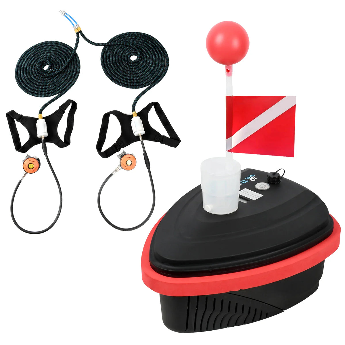 A black and red floating scuba diving ventilator with two air hoses, mouthpieces, and a red diving flag marker.