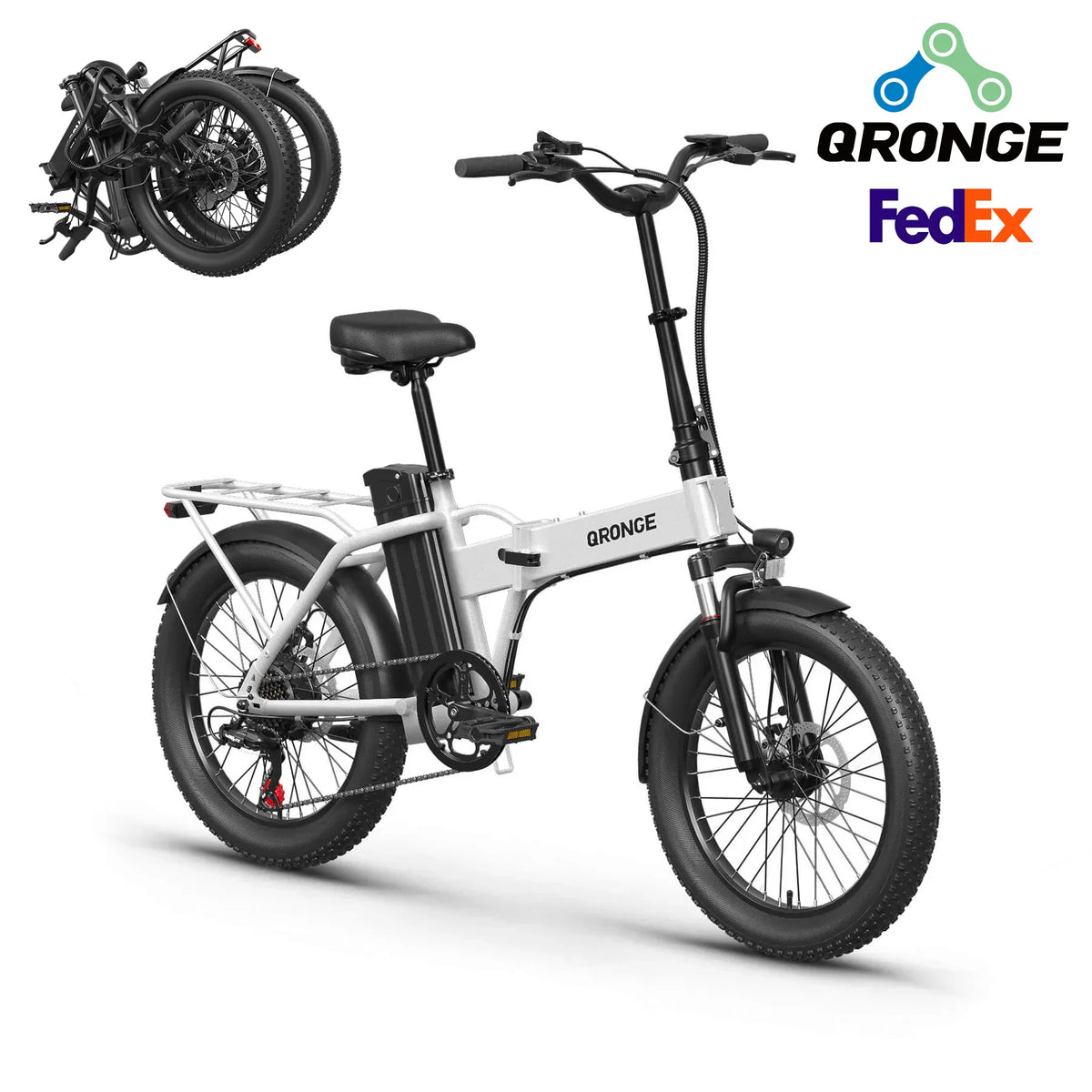 White folding electric bicycle with fat tires, seen in unfolded and folded positions.