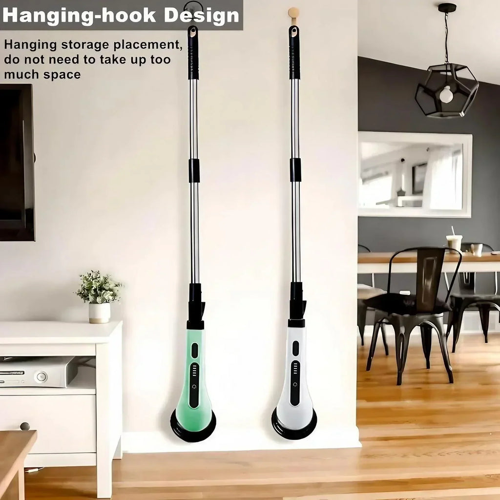Electric spin scrubbers hanging on a wall for easy storage
