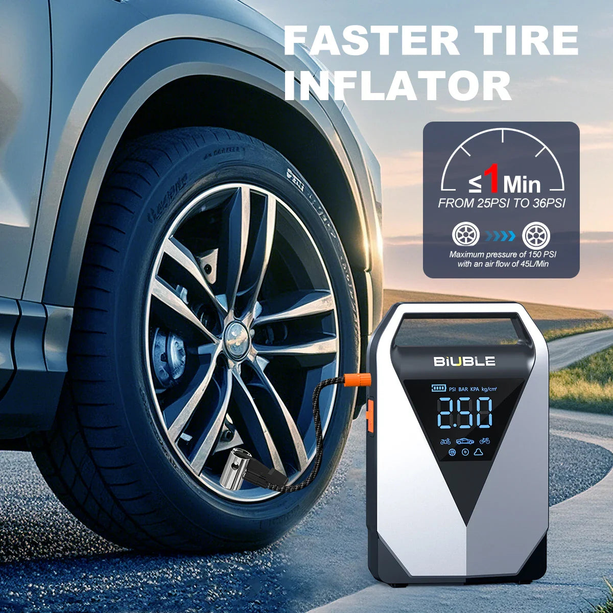 Air compressor unit inflating a car tire on the road