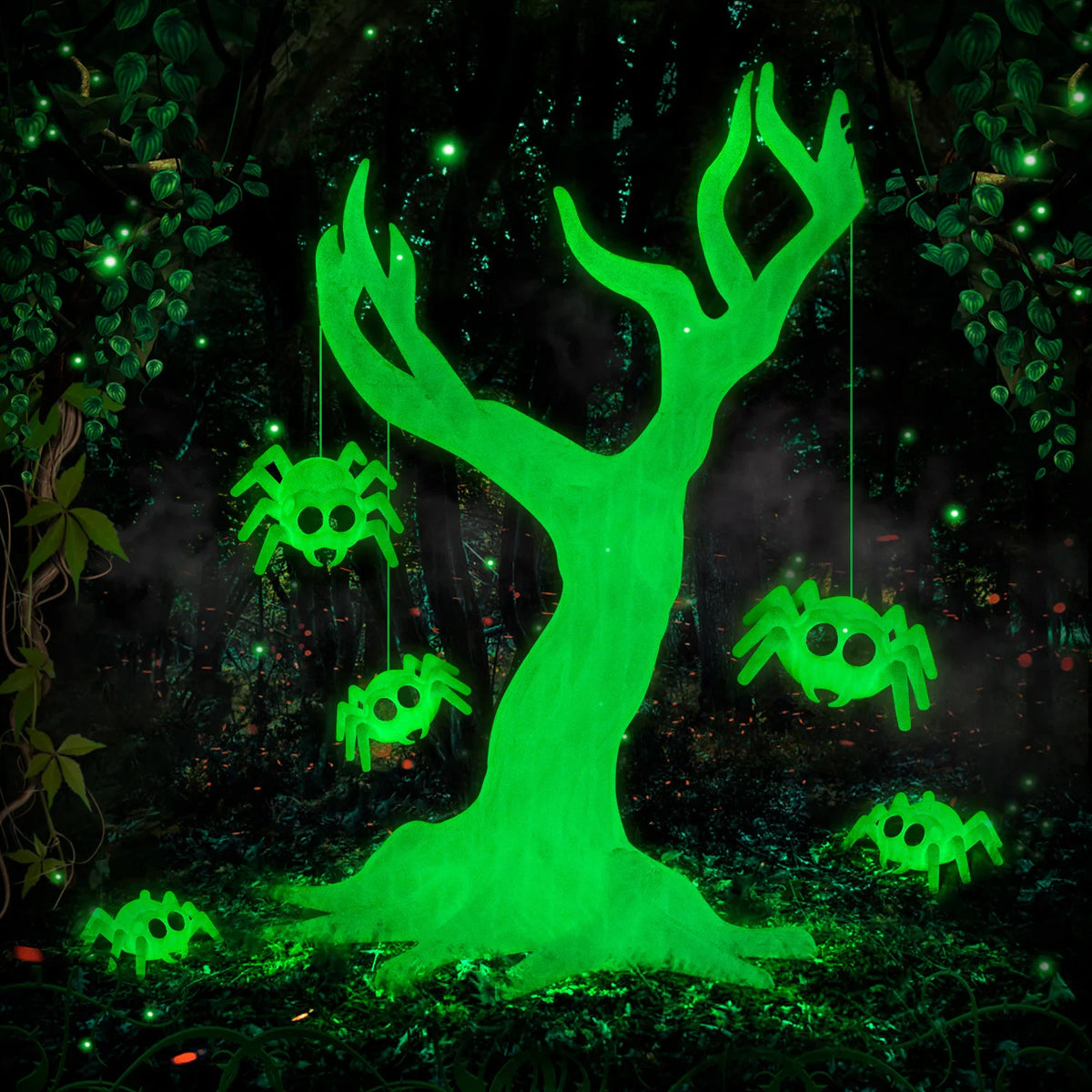 Glowing green 3D printed tree and spider models in a dark forest setting
