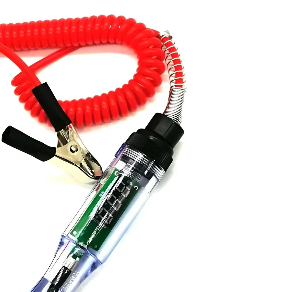 Close up of digital automotive circuit tester voltage probe with red coiled wire