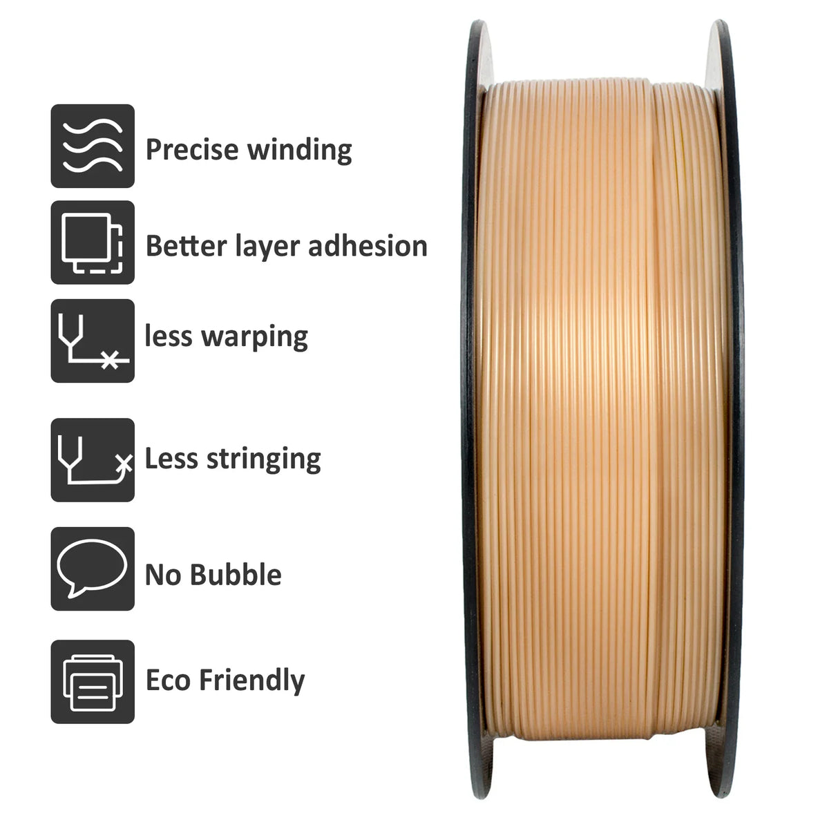 A spool of 3D printer filament with a feature list showing print quality benefits