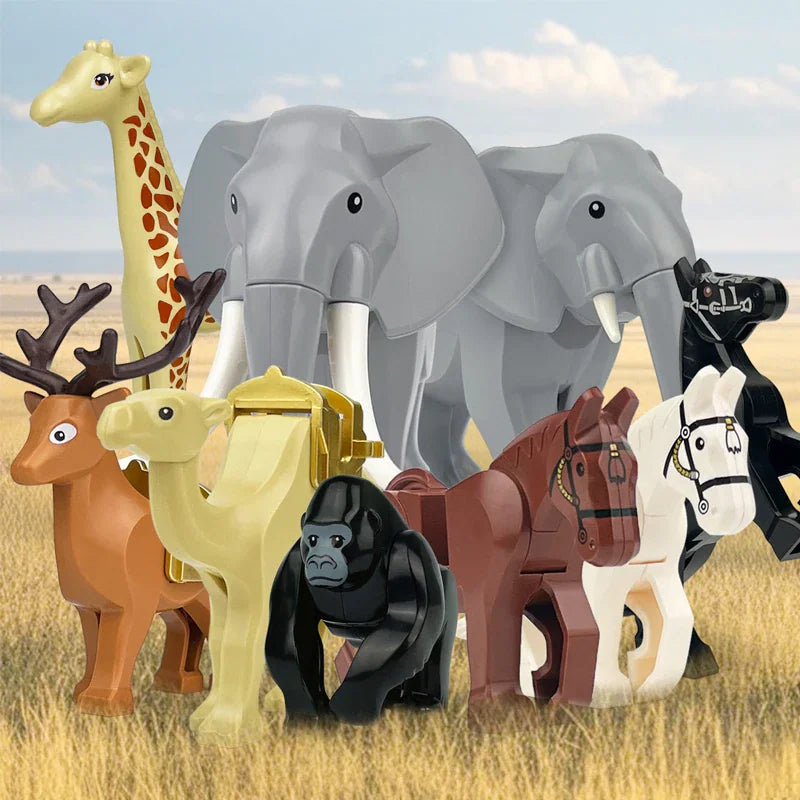 Plastic toy animals including a giraffe, elephant, deer, camel, gorilla, and horses on a savanna background.