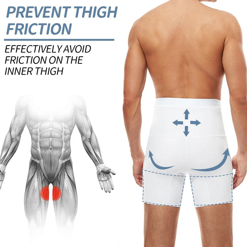 White high-waist compression shapewear shorts for men and anatomy diagram