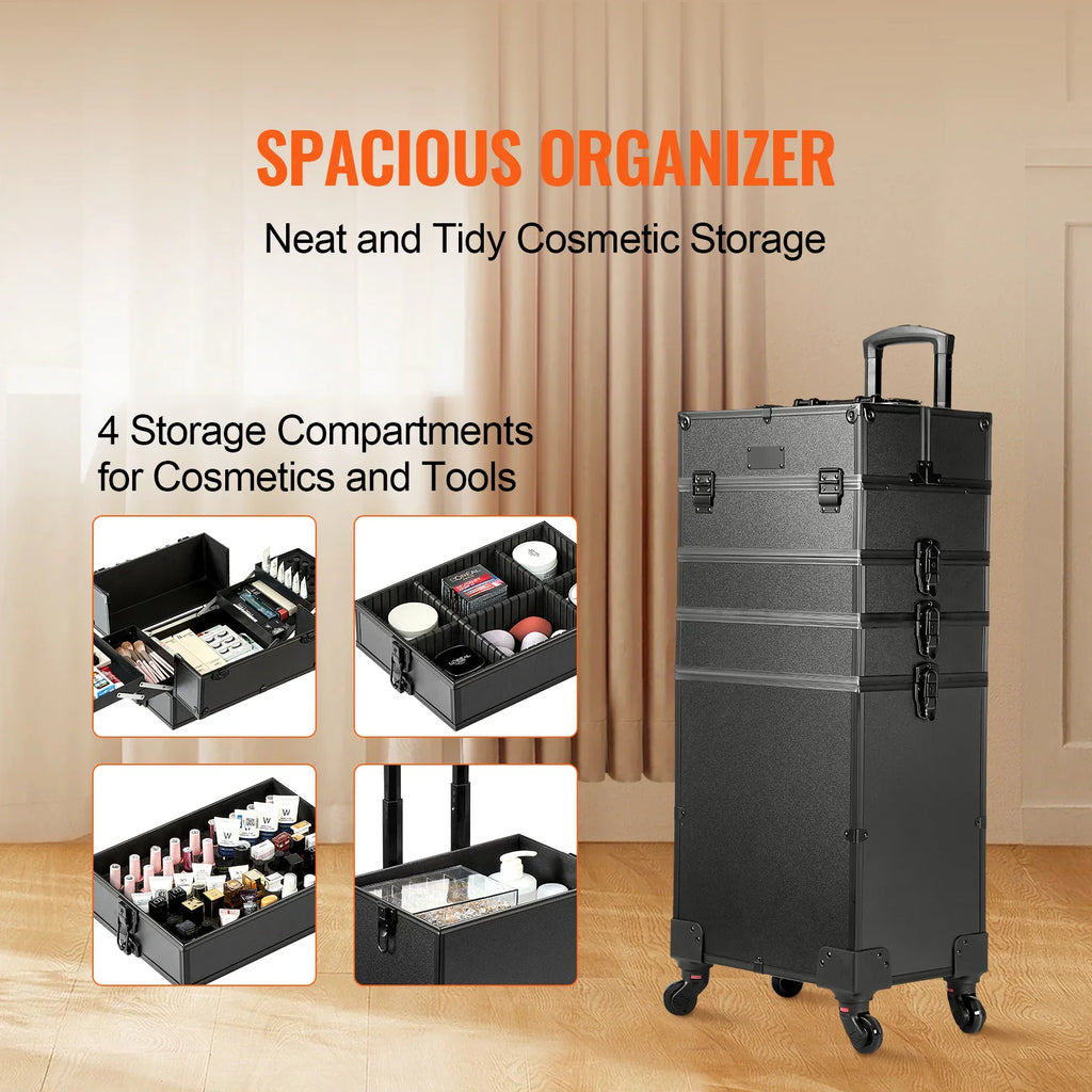 Black rolling makeup case with multiple internal storage compartments for cosmetics