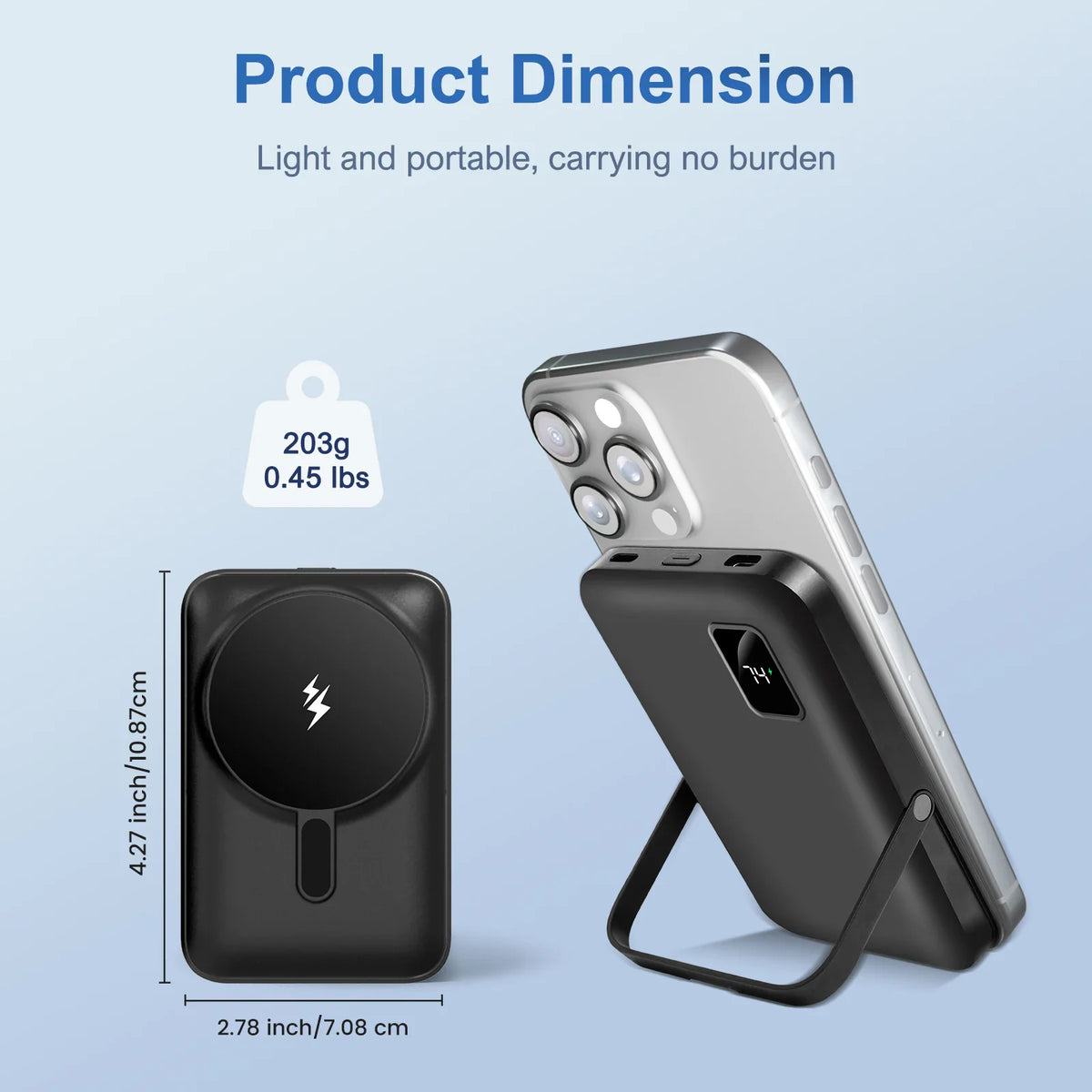 Black portable magnetic wireless power bank with dimension measurements and weight display