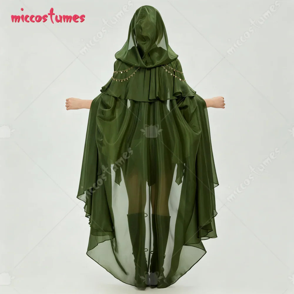 Back view of a green hooded cloak with gold chain details on the shoulders