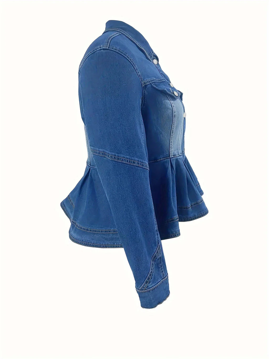 Side view of a blue peplum denim jacket showing the waist-cinching design.