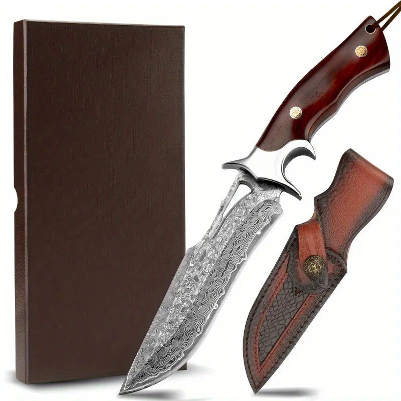 Handmade Damascus steel fixed blade knife with a wooden handle and its leather sheath, next to a brown box