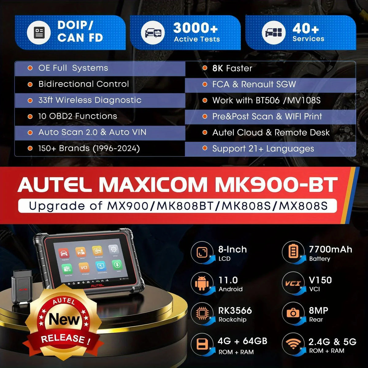 Automotive diagnostic tablet specifications table with feature list