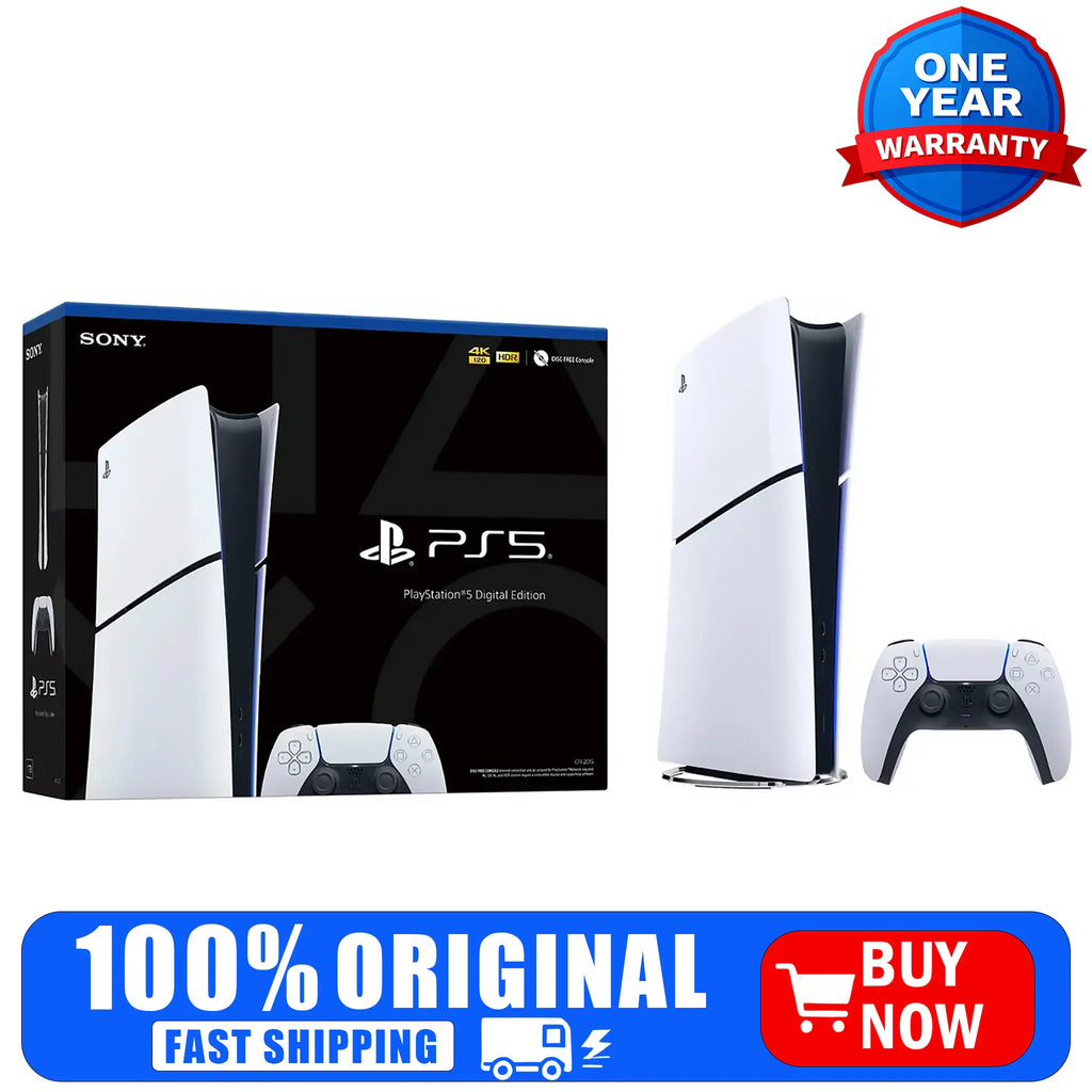 White and black digital game console with controller and packaging box
