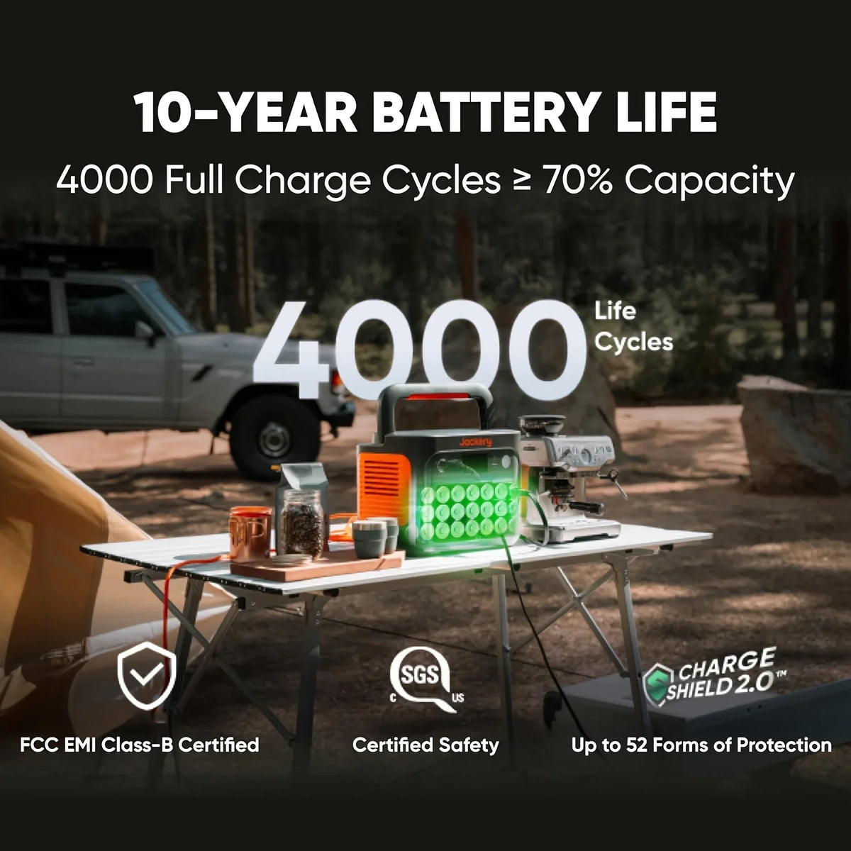 Portable power station powering a coffee machine on a camping table in the woods.