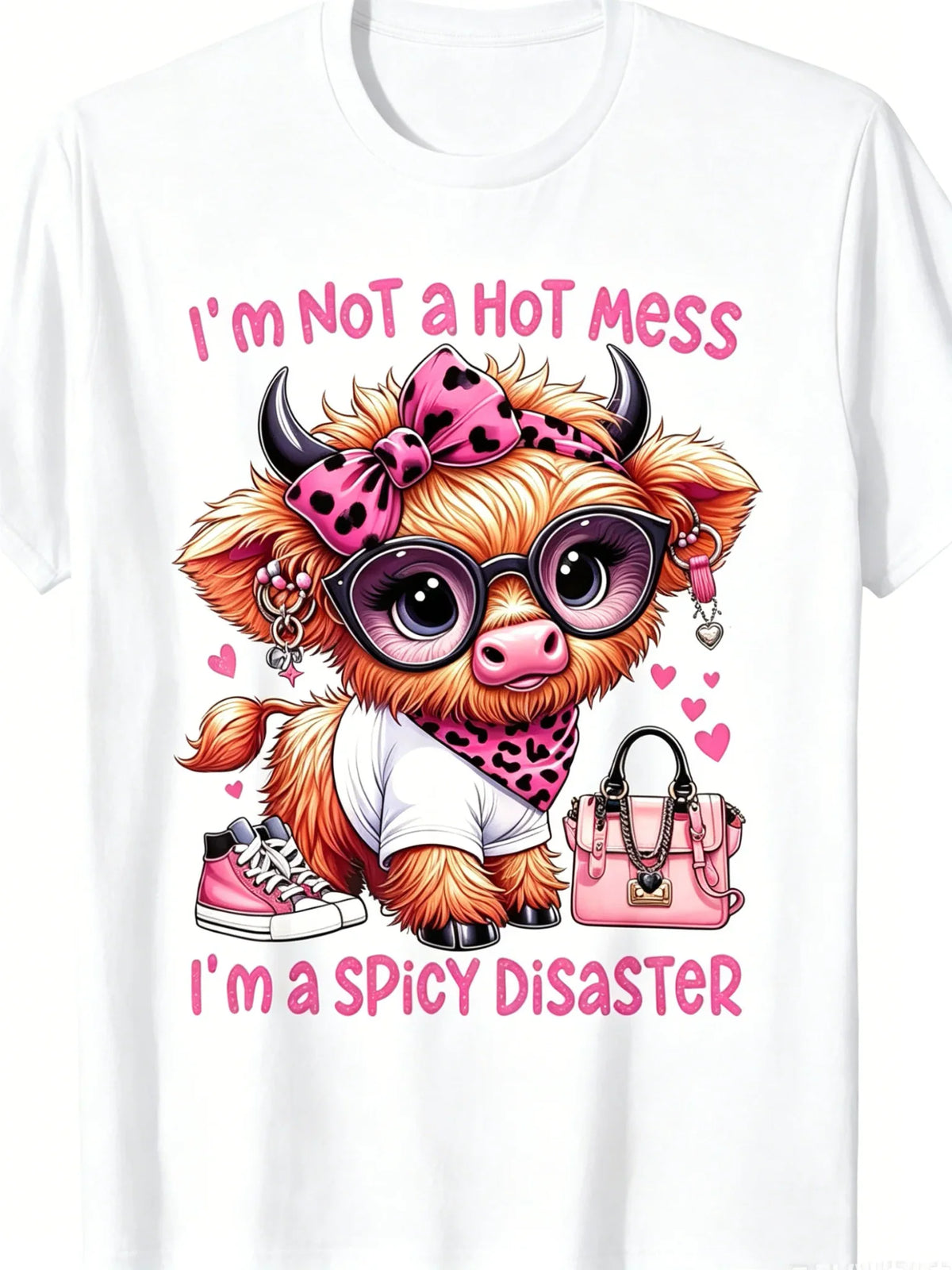 White t-shirt with a cartoon Highland cow wearing glasses, a leopard print bow, and sneakers, with hearts and text